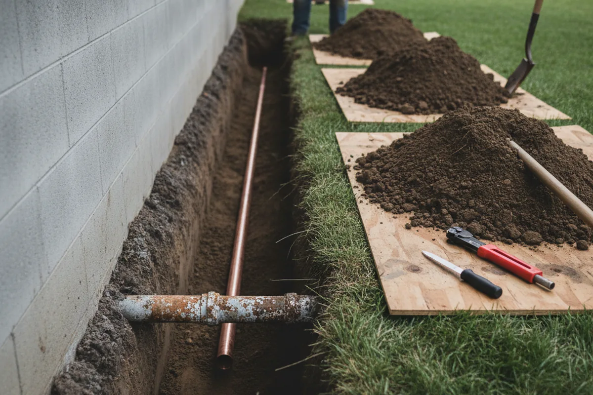 Excavated water line trench during Water Softener Installation in Mc Indoe Falls